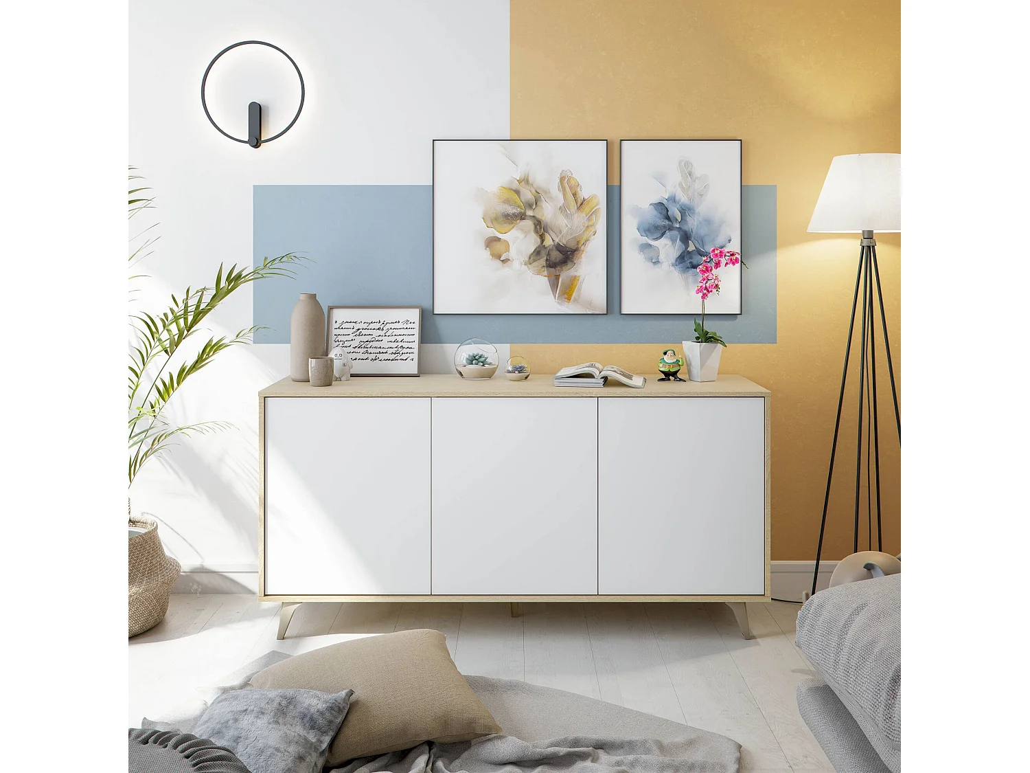 Credenza Arvada, Madia moderna a 3 ante e ripiani, Buffet da cucina, Buffet di design da soggiorno, 154x40h75 cm, Rovere e Bianco