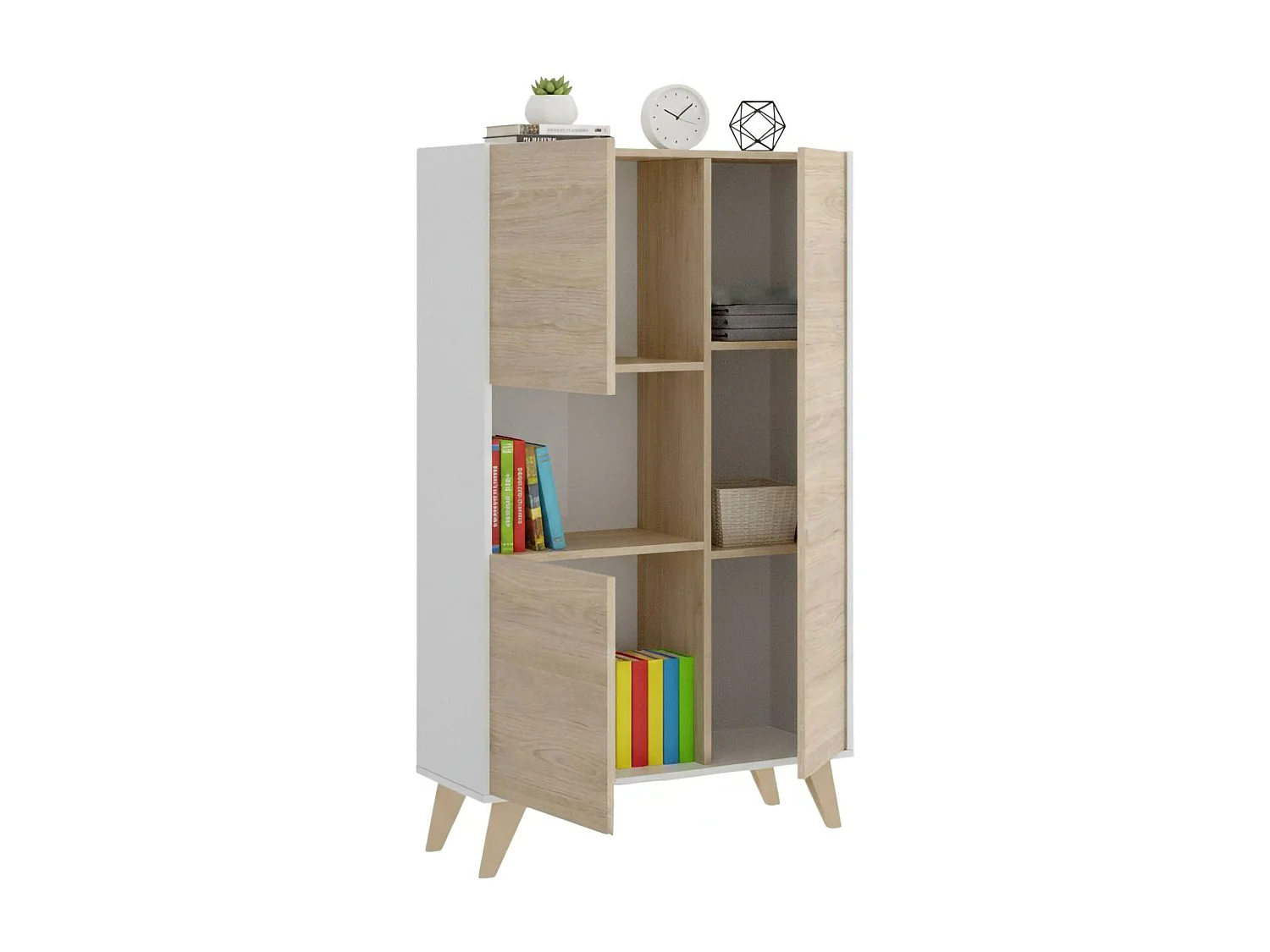 Buffet Boario, Buffet de salon haut, Buffet de salon moderne avec 3 portes, 81x43h135 cm, Chêne et Blanc