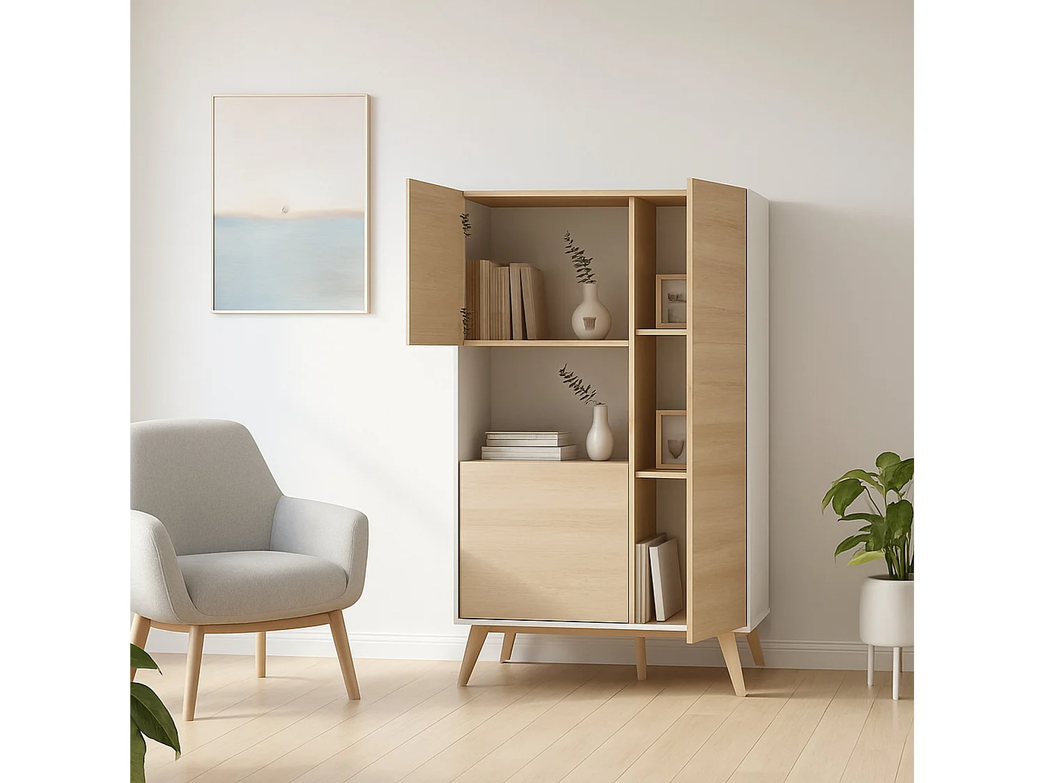 Buffet Boario, Buffet de salon haut, Buffet de salon moderne avec 3 portes, 81x43h135 cm, Chêne et Blanc