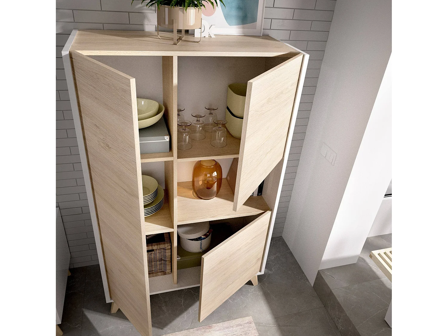 Buffet Boario, Buffet de salon haut, Buffet de salon moderne avec 3 portes, 81x43h135 cm, Chêne et Blanc