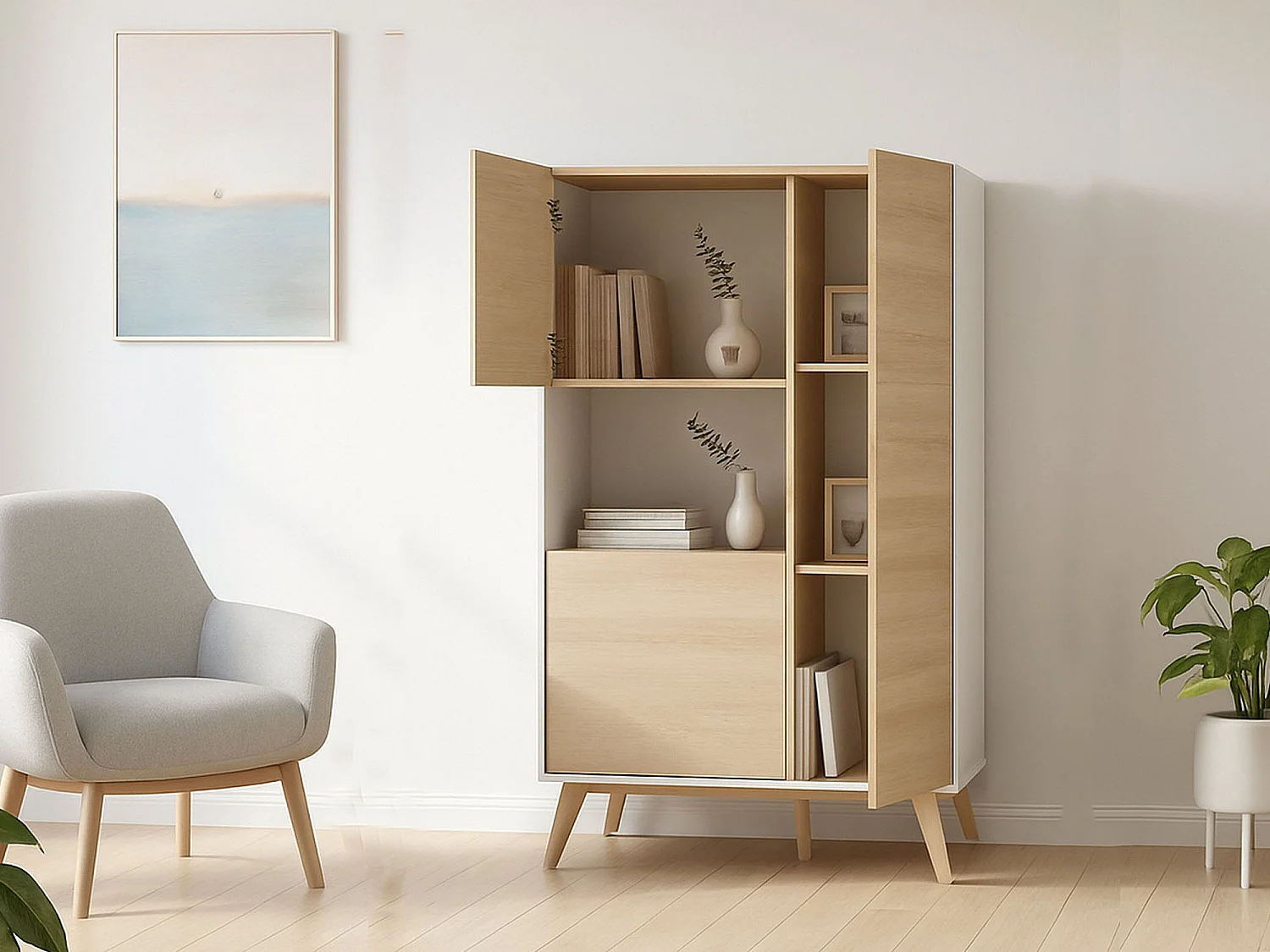 Buffet Boario, Buffet de salon haut, Buffet de salon moderne avec 3 portes, 81x43h135 cm, Chêne et Blanc