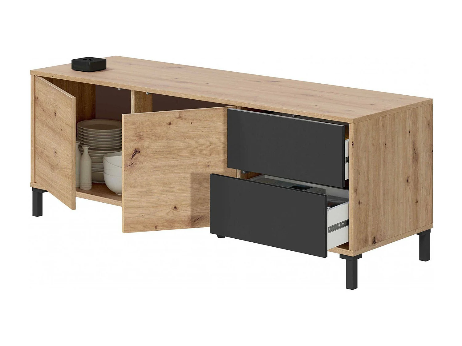 Buffet Arecibo, Buffet de salon, Meuble TV, Buffet avec pieds pour salon, Armoire moderne avec 2 portes, 130x41h47 cm, Chêne noué et Anthracite