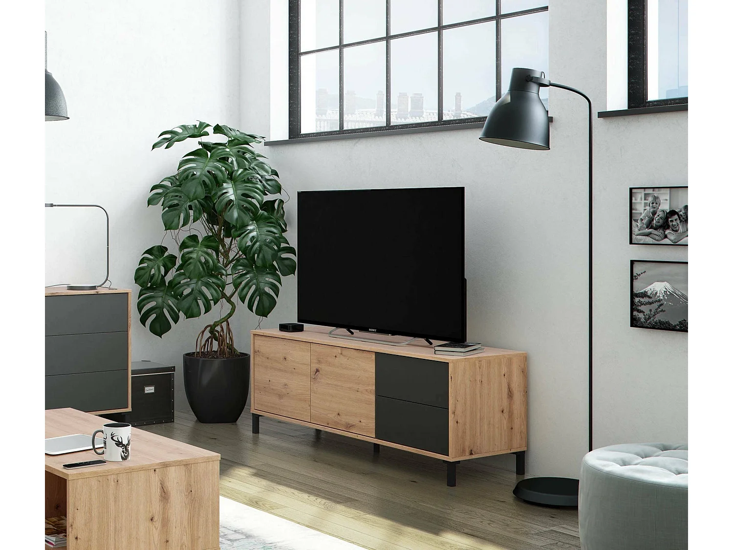Aparador Arecibo, Aparador moderno com 2 portas, Buffet de sala, móvel de TV, Aparador com pés para sala, 130x41h47 cm, Carvalho notado e Antracite