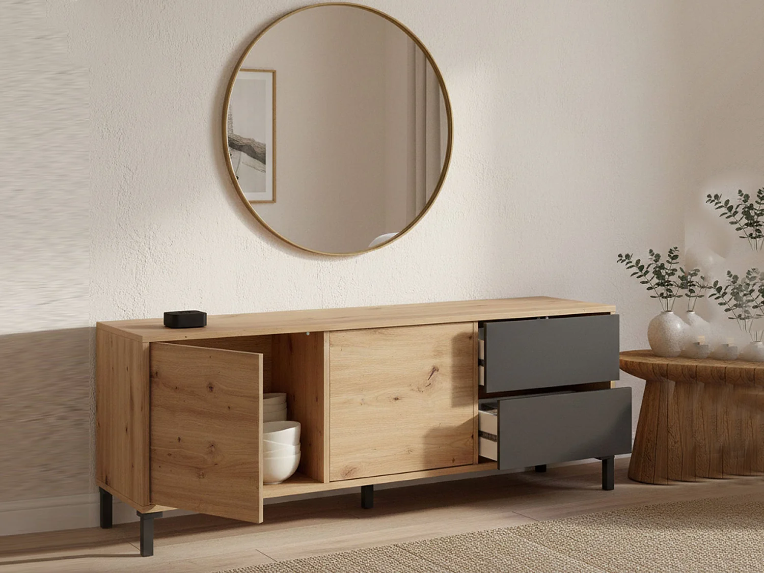 Credenza Arecibo, Madia moderna a 2 ante, Buffet da soggiorno, Mobile porta TV, Madia con piedini per salotto, 130x41h47 cm, Rovere nodi e Antracite