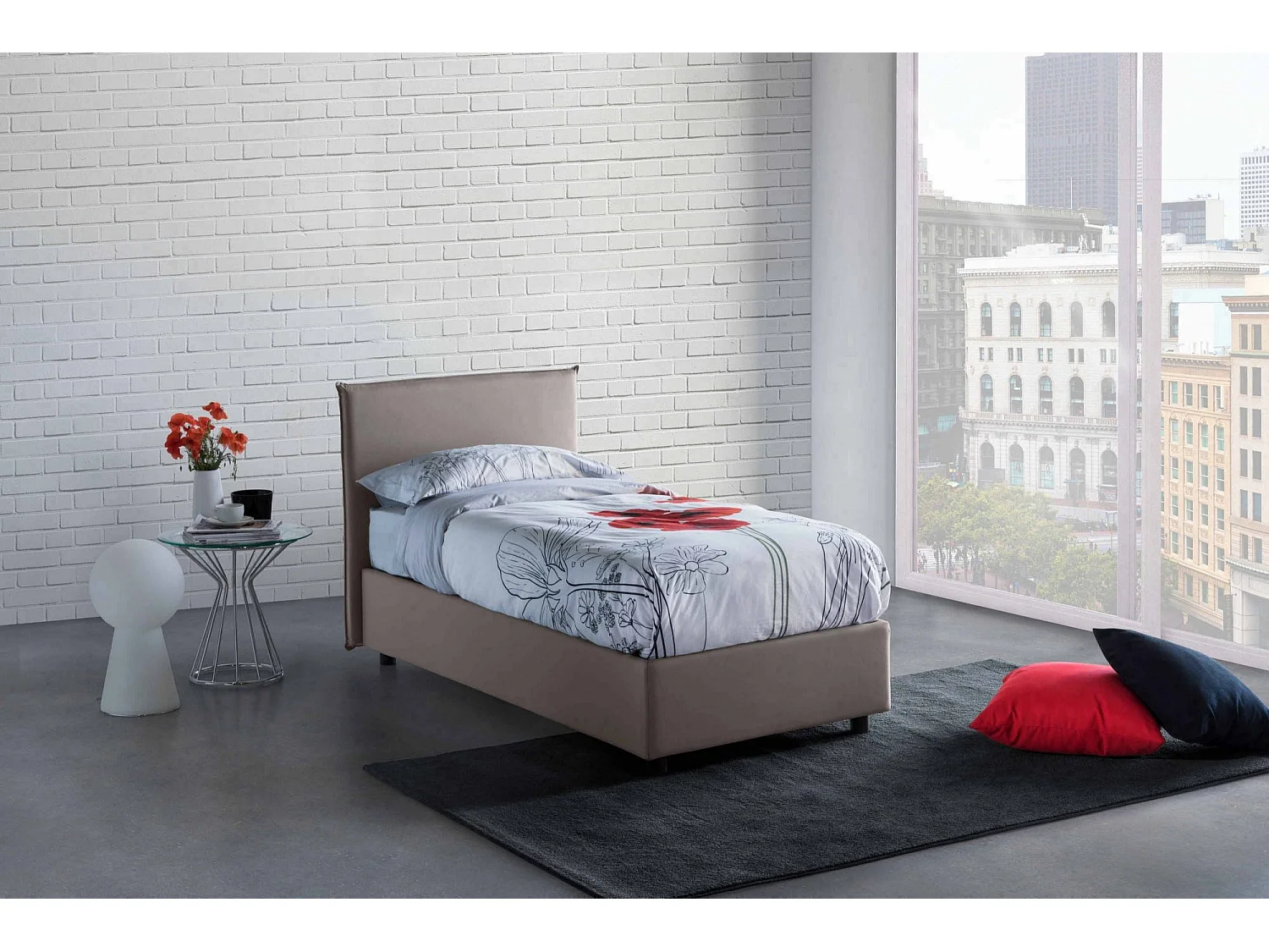 Dbaston eenpersoonsbed, Opbergbed met stoffen bekleding, 100% Made in Italy, Opening aan de voorkant, inclusief matras van 90x200 cm, Taupe