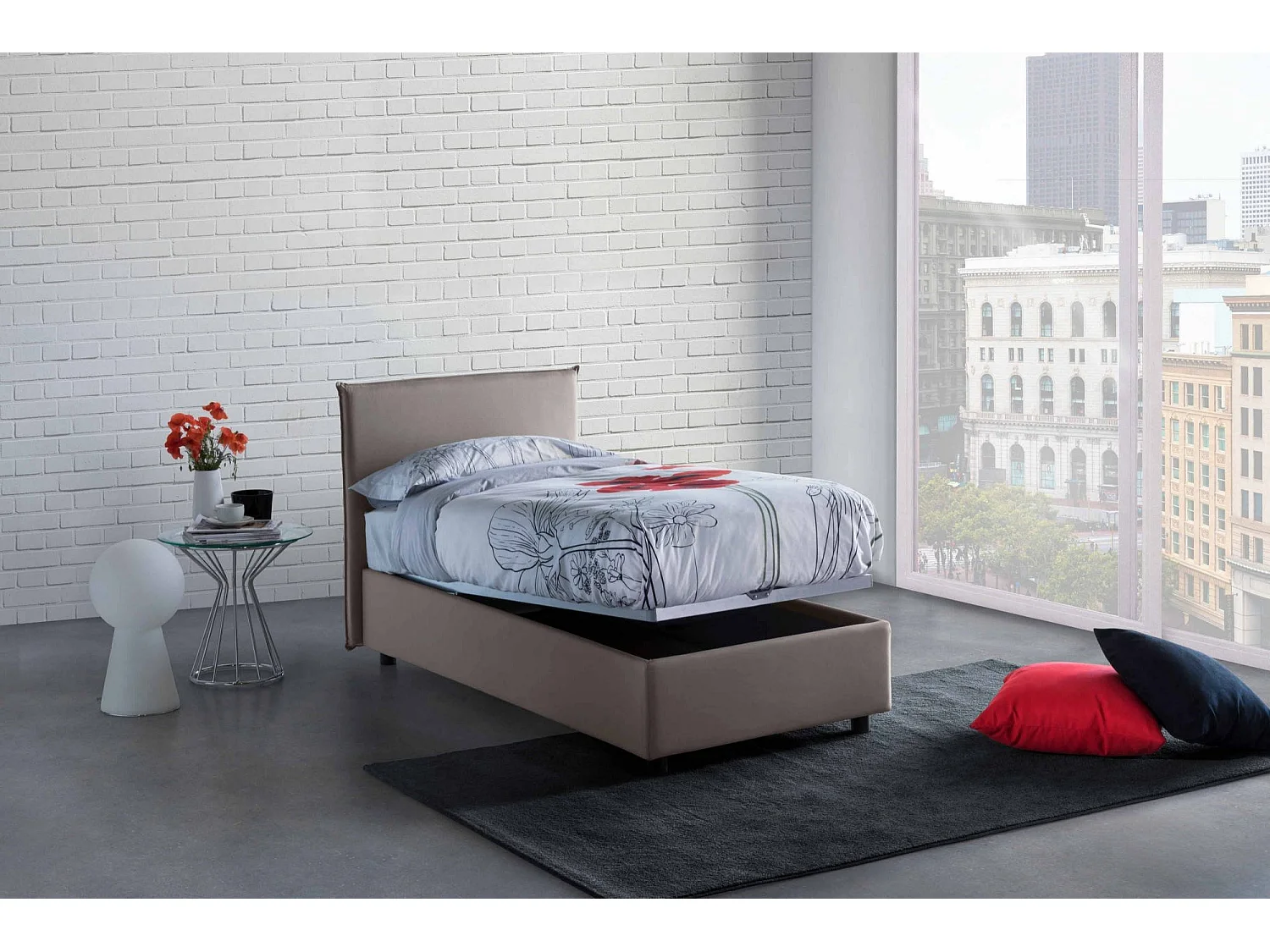Dbaston eenpersoonsbed, Opbergbed met stoffen bekleding, 100% Made in Italy, Opening aan de voorkant, inclusief matras van 90x200 cm, Taupe