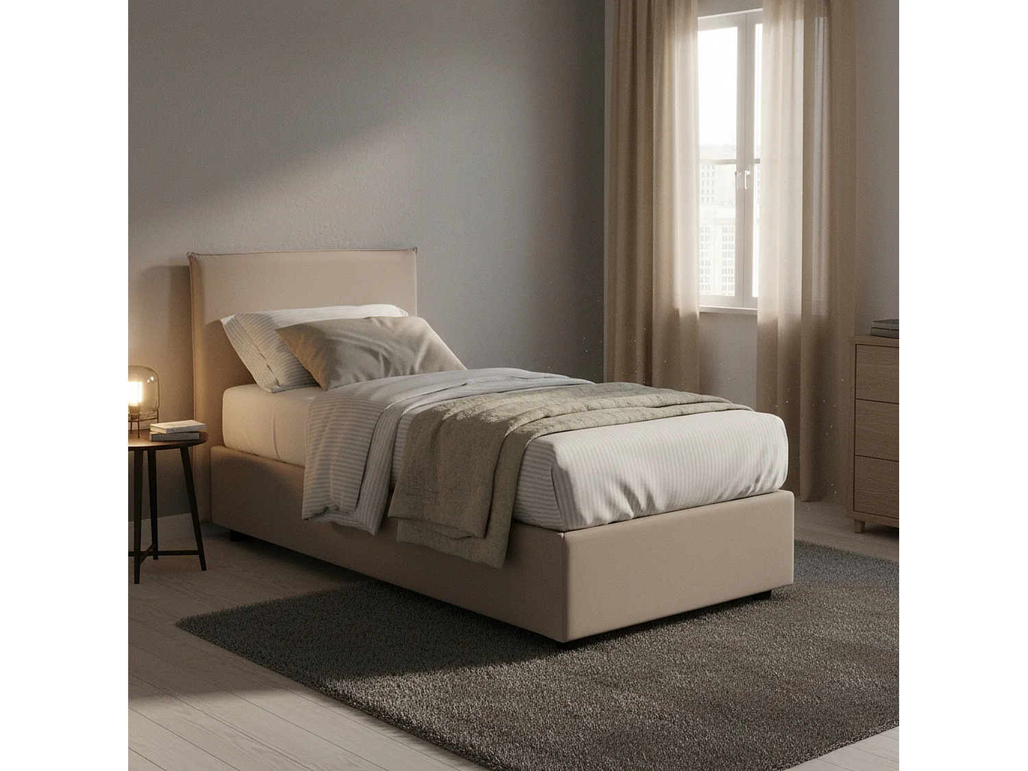 Lit simple Dbaston, Lit coffre avec revêtement en tissu, 100% Made in Italy, Ouverture frontale, avec matelas 90x200 cm inclus, Taupe