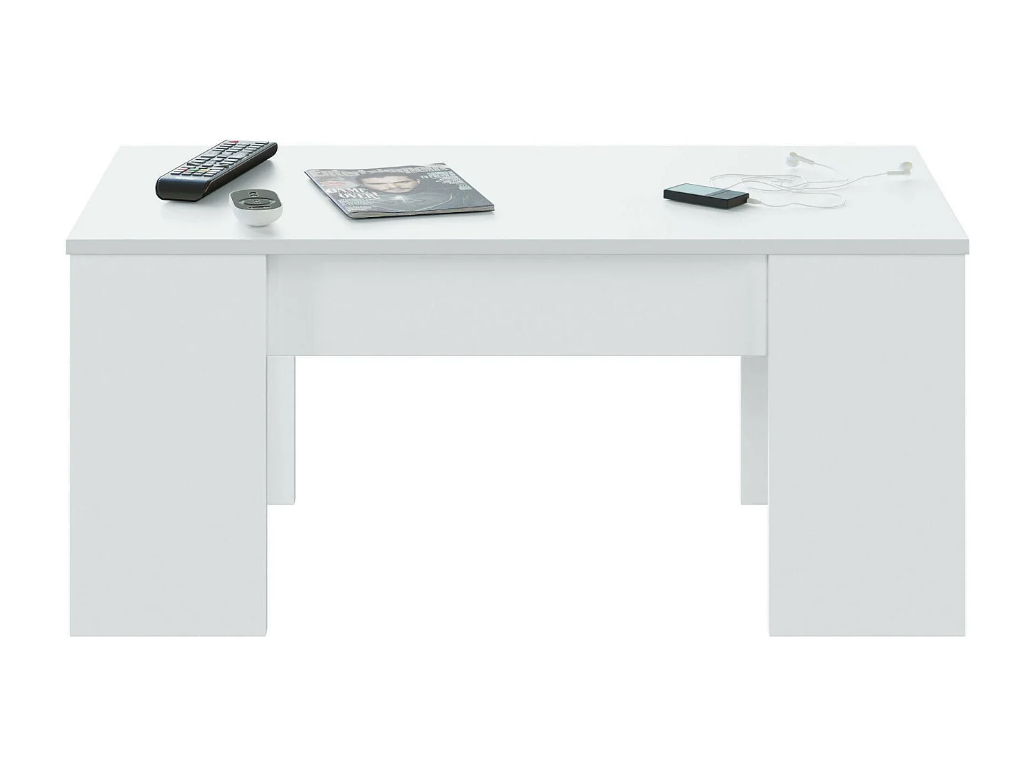 Table basse Oceanside, Table basse avec plateau relevable, Table basse de salon, 100x50h45/56 cm, Blanc brillant
