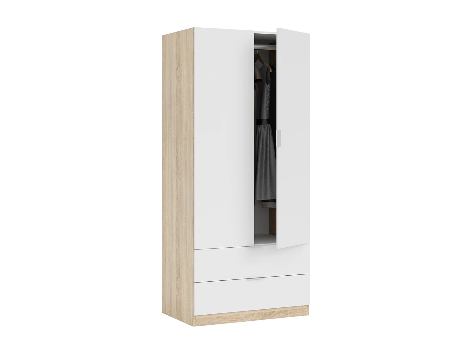 Garderobe Donan, Schlafzimmerschrank mit 2 Türen und 2 Schubladen, Schrank mit Kleiderbügelstange, 82x52h180 cm, WeiÃŸ und Eiche