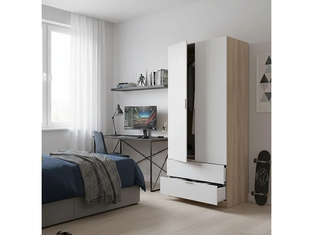 Armoire Darest, Armoire de chambre avec 2 portes et 2 tiroirs, Armoire avec tringle à vêtements, 82x52h180 cm, Blanc et Chêne