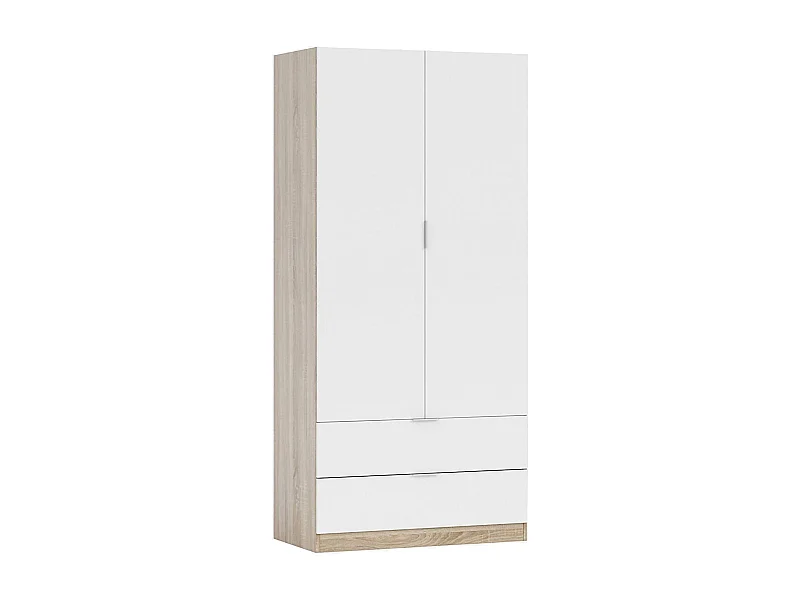 Garderobe Donan, Schlafzimmerschrank mit 2 Türen und 2 Schubladen, Schrank mit Kleiderbügelstange, 82x52h180 cm, WeiÃŸ und Eiche