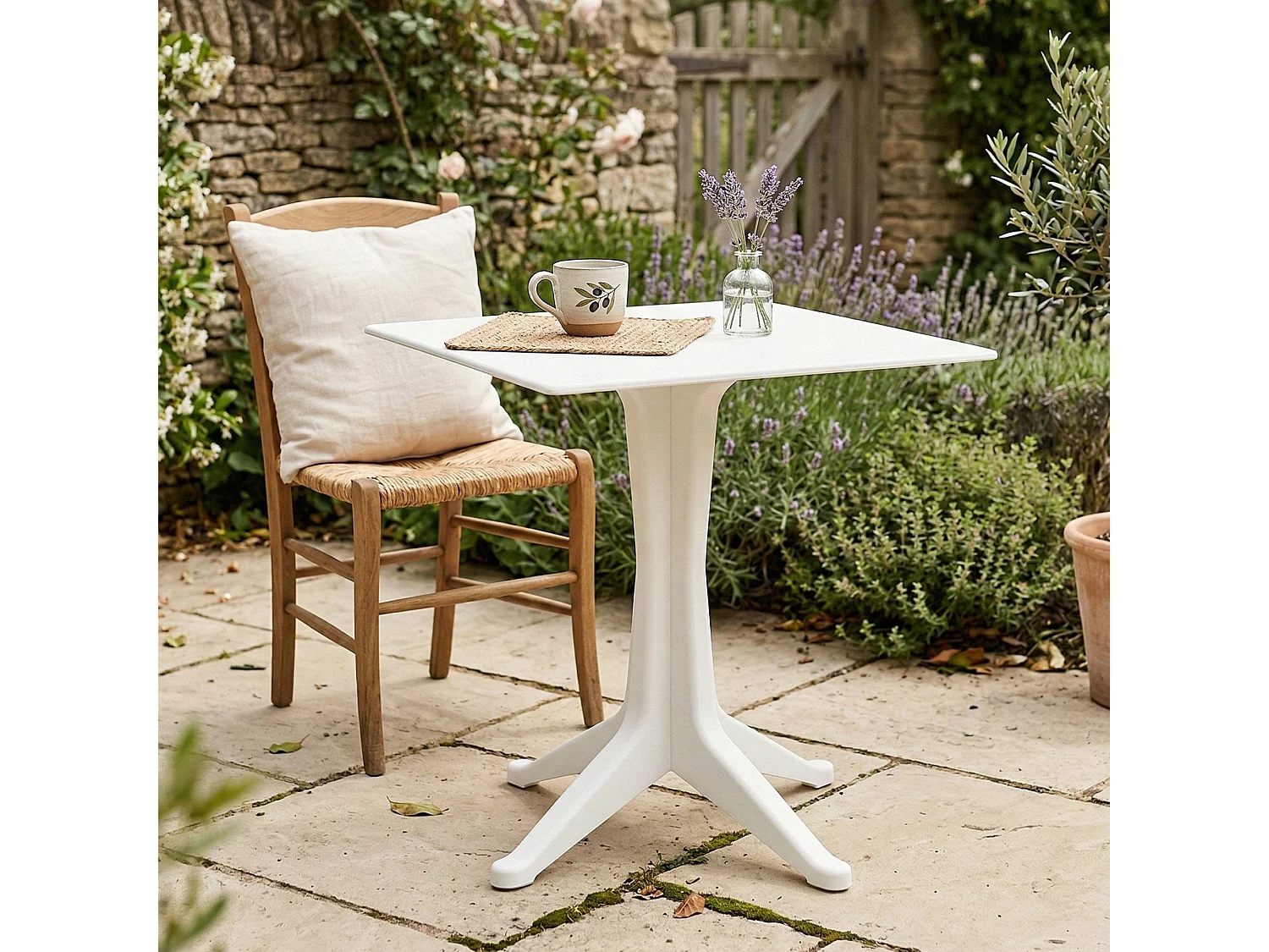 Table d'extérieur Dmondel, Étagère carrée fixe, Table de jardin polyvalente, 100% Made in Italy, 70x70h72 cm, Blanc