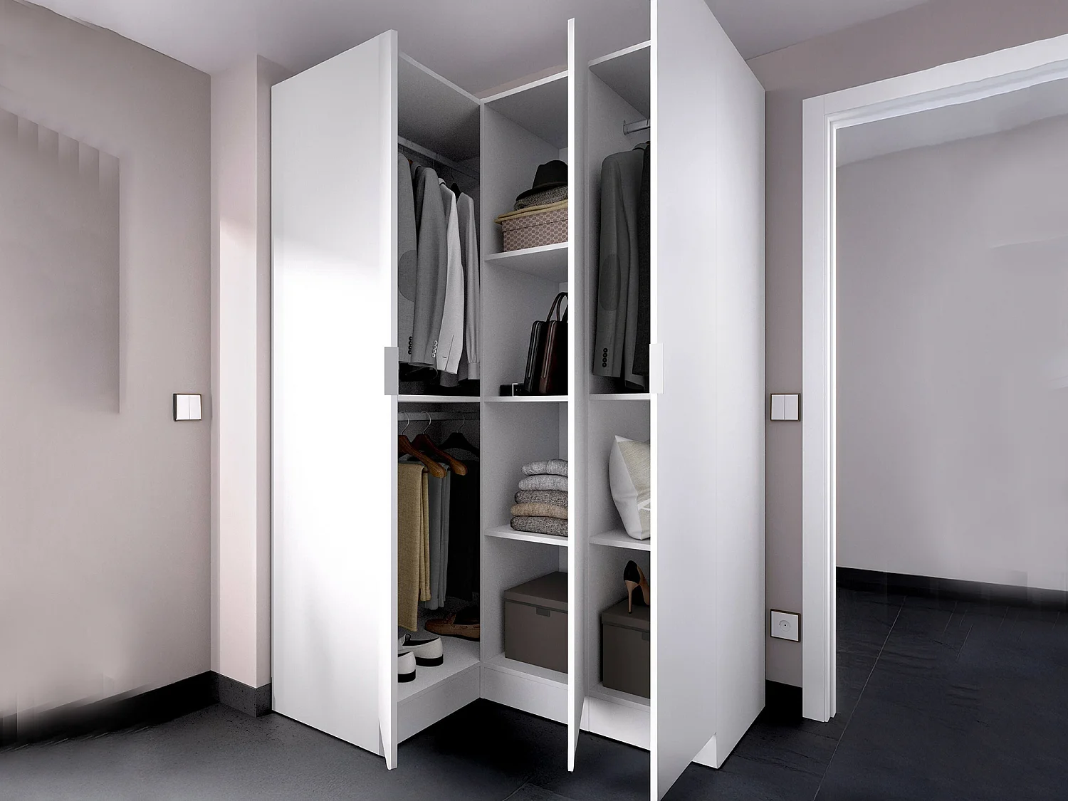 Armoire Meru, Armoire d'angle pour chambre à coucher, Armoire d'angle avec 3 portes battantes, 133x91h184 cm, Blanc