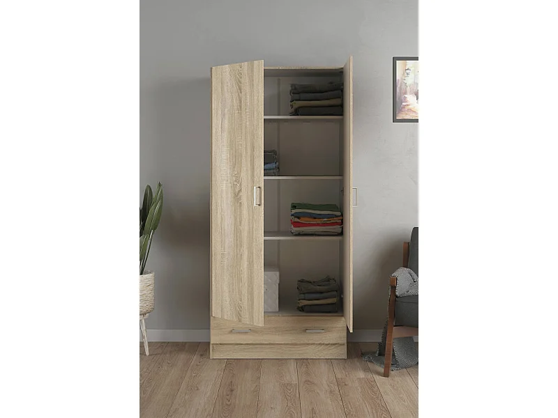 Armoire à deux portes et un tiroir, couleur chêne, 79 x 35 x h171 cm