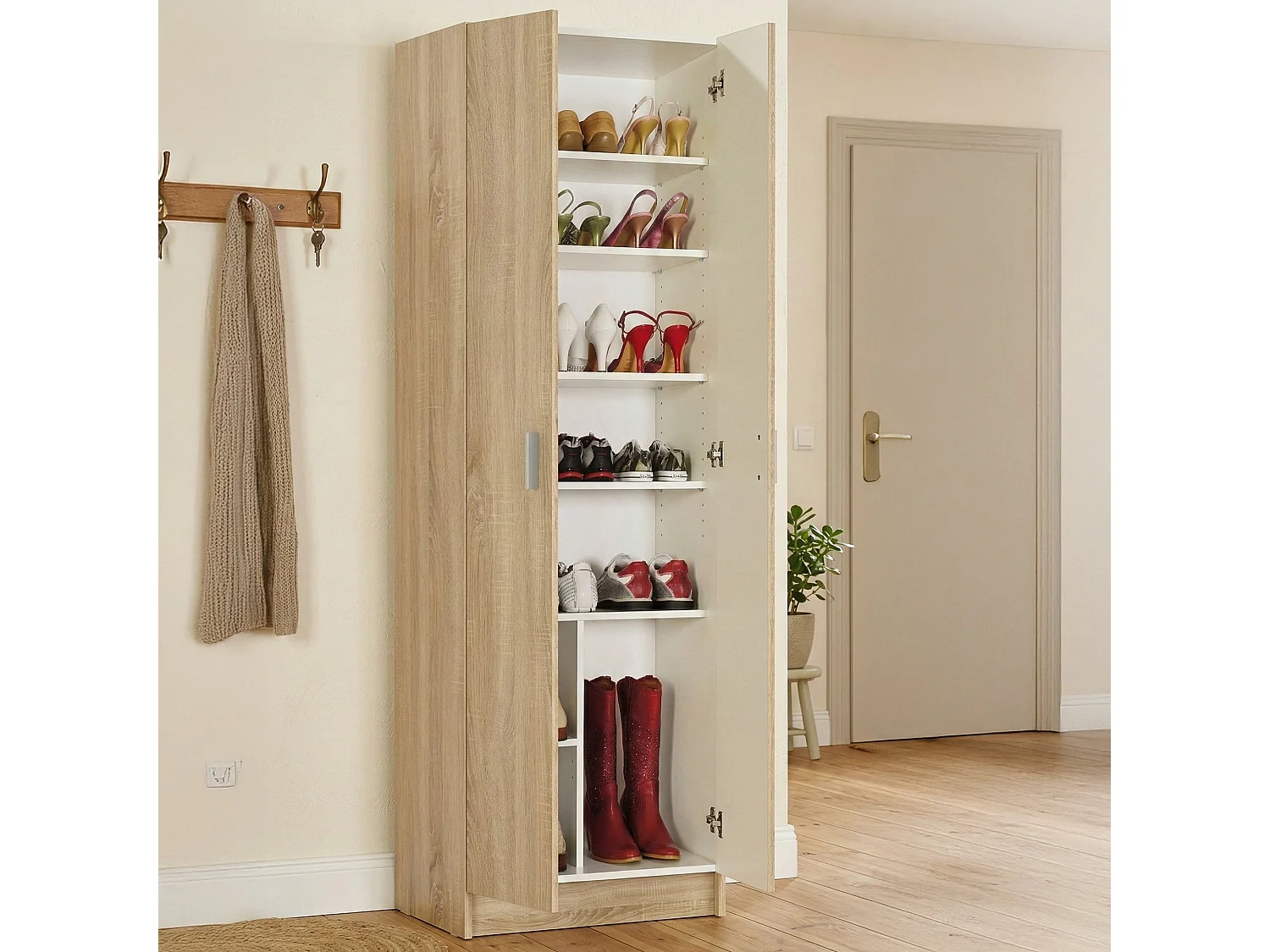Armoire polyvalente Portsmouth, Armoire auxiliaire avec 2 portes, Armoire à chaussures moderne, Étagère à chaussures vertical\, 59x37h180 cm, Chêne
