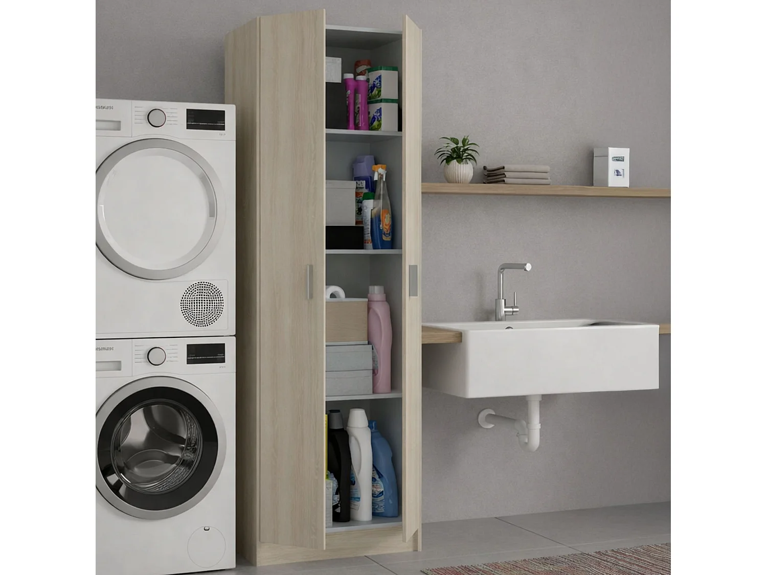 Armoire polyvalente Salem, Armoire auxiliaire avec 2 portes, Étagère à chaussures avec 3 étagères, Étagère à chaussures haute moderne, 59x37h180 cm, Chêne