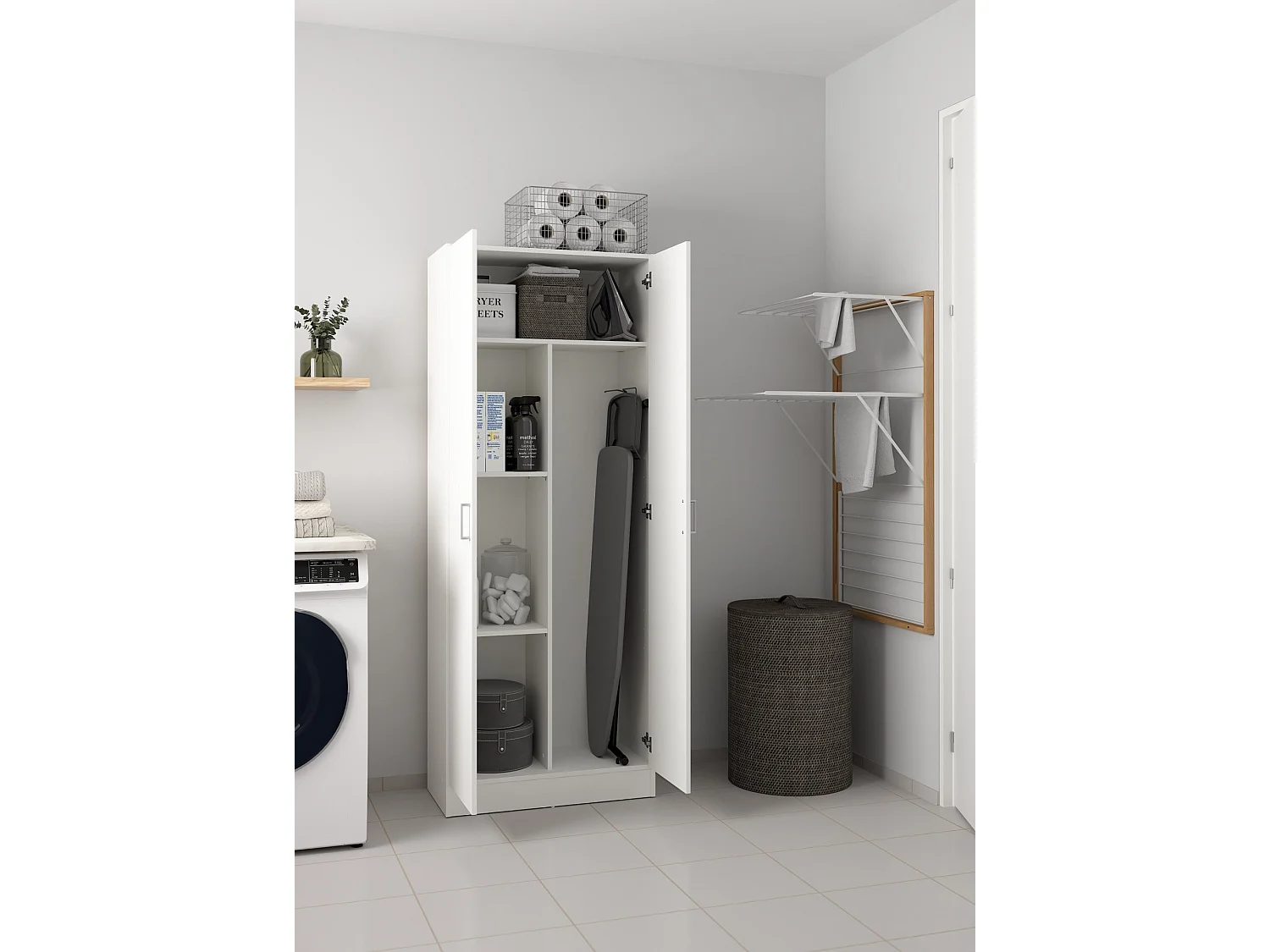 Armadio multiuso Charleston, Mobile portascope a 2 ante, Scarpiera con ripiani, Guardaroba portascope, cm73x37h180 cm, Bianco