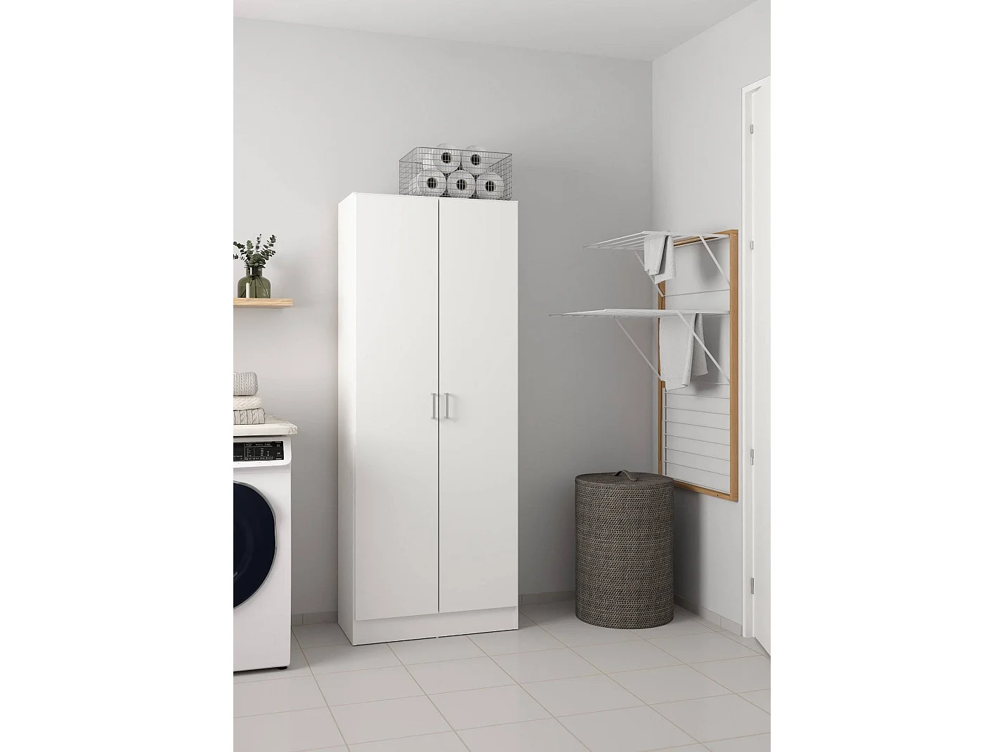 Armoire polyvalente Charleston, Armoire à balais avec 2 portes, Étagère à chaussures avec étagères, Armoire à balais, cm73x37h180 cm, Blanc