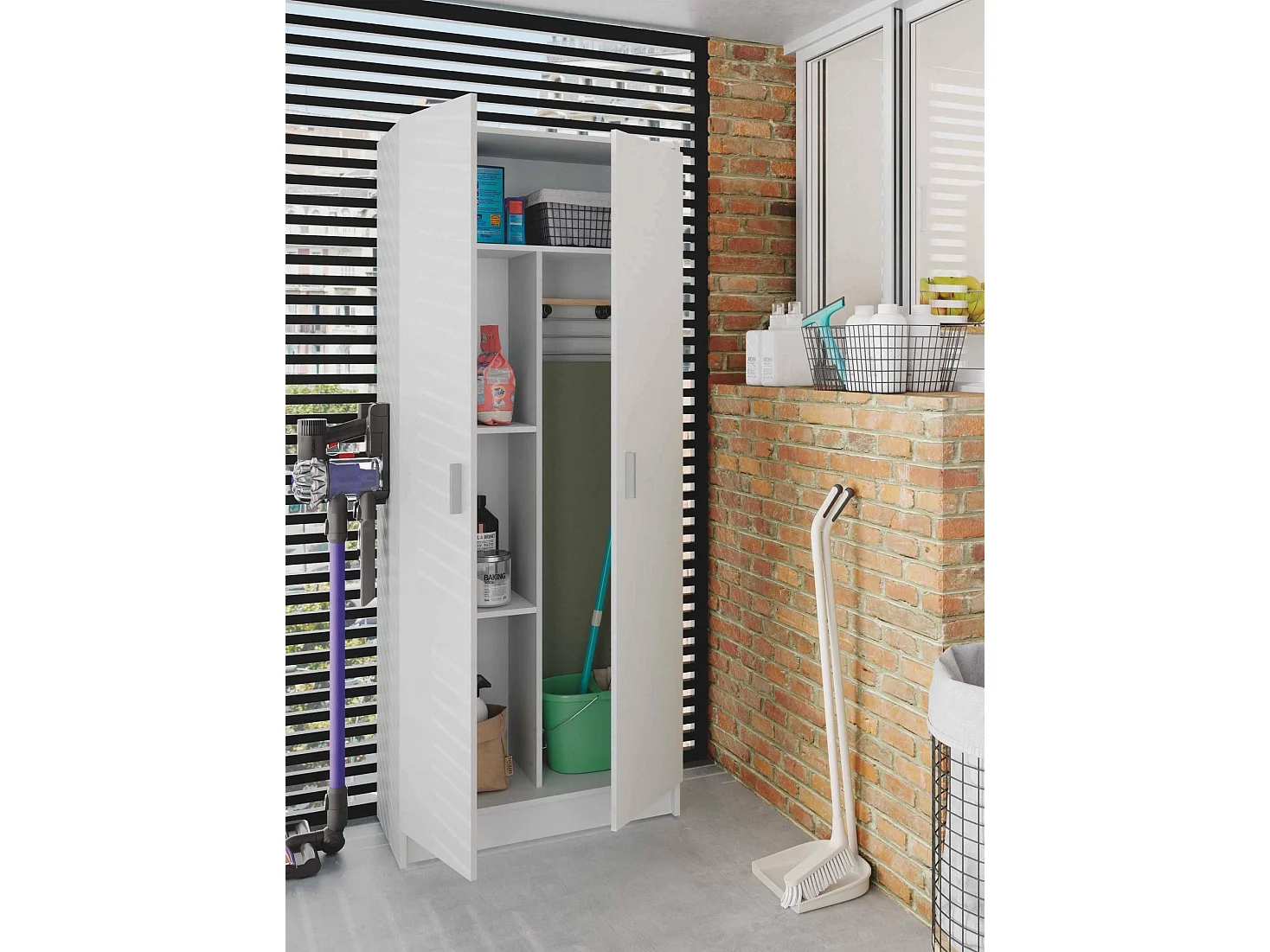 Armoire polyvalente Charleston, Armoire à balais avec 2 portes, Étagère à chaussures avec étagères, Armoire à balais, cm73x37h180 cm, Blanc