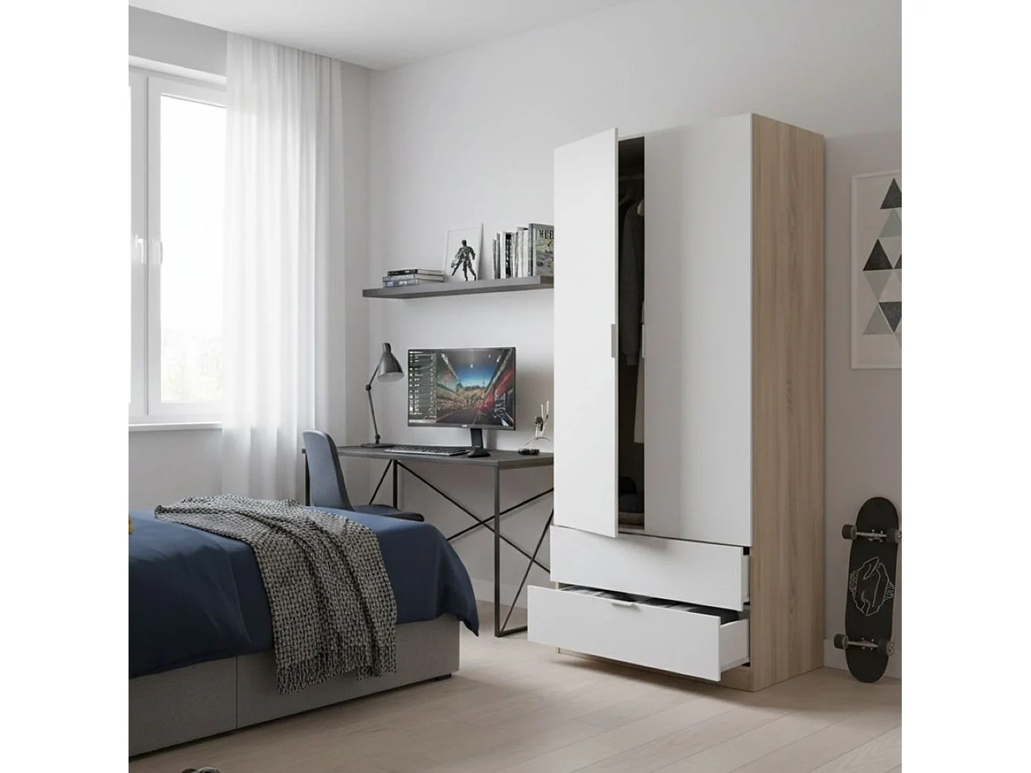 Guardaroba Burbank, Armadio per camera da letto a 2 ante e 2 cassetti, Mobile con barra appendiabiti, 82x52h180 cm, Bianco e Rovere