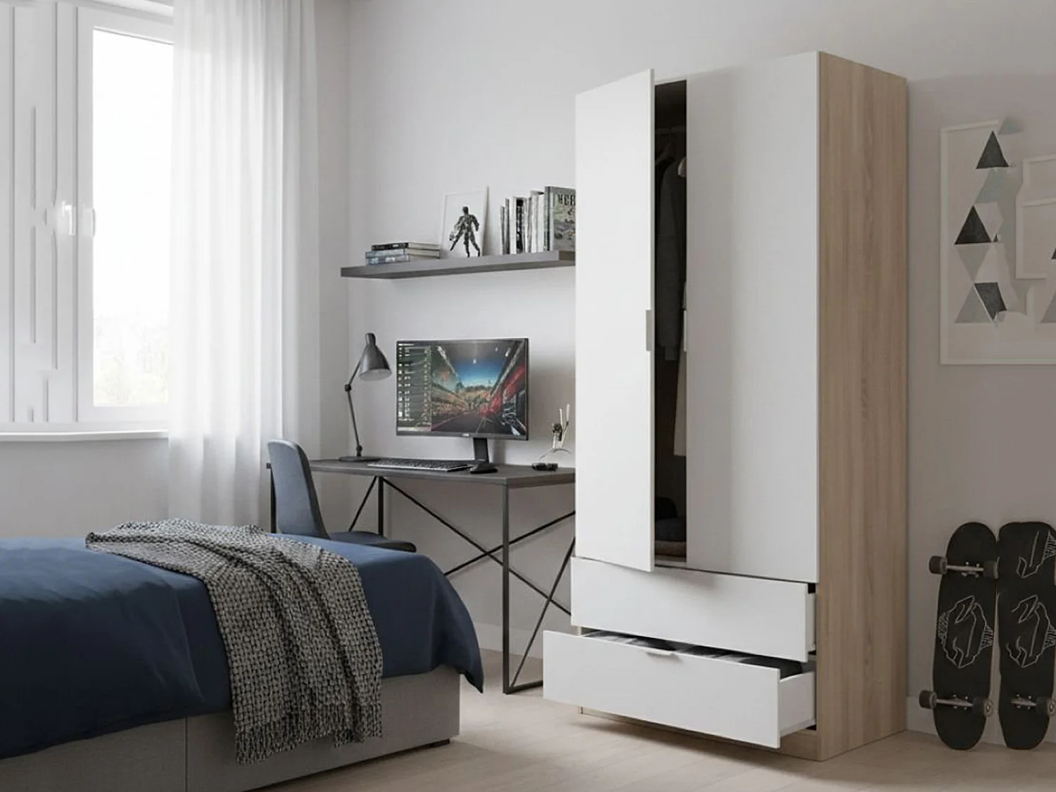 Burbank Armario, Armario de dormitorio con 2 puertas y 2 cajones, Armario con barra para ropa, 82x52h180 cm, Blanco y Roble