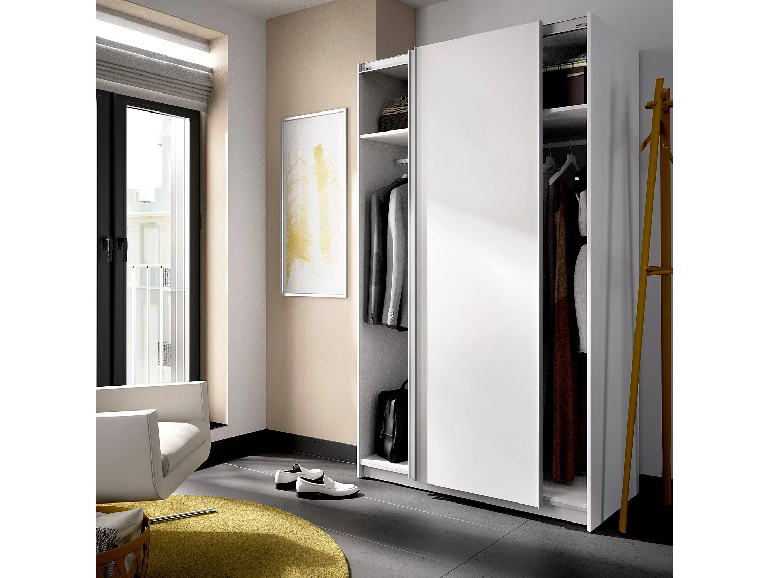 Armario Annapurna, Perchero para dormitorio, Armario con 2 puertas correderas, 120x65h204 cm, Blanco