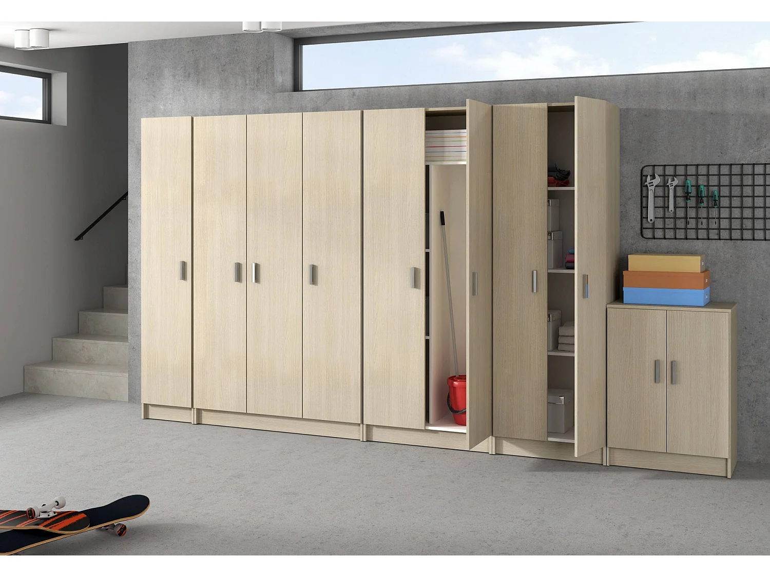 Mehrzweckschrank Dmarra, Beistellschrank mit 2 Türen, Schuhregal mit 3 Ablagen, Modernes hohes Schuhregal, 59x37h180 cm, Eiche