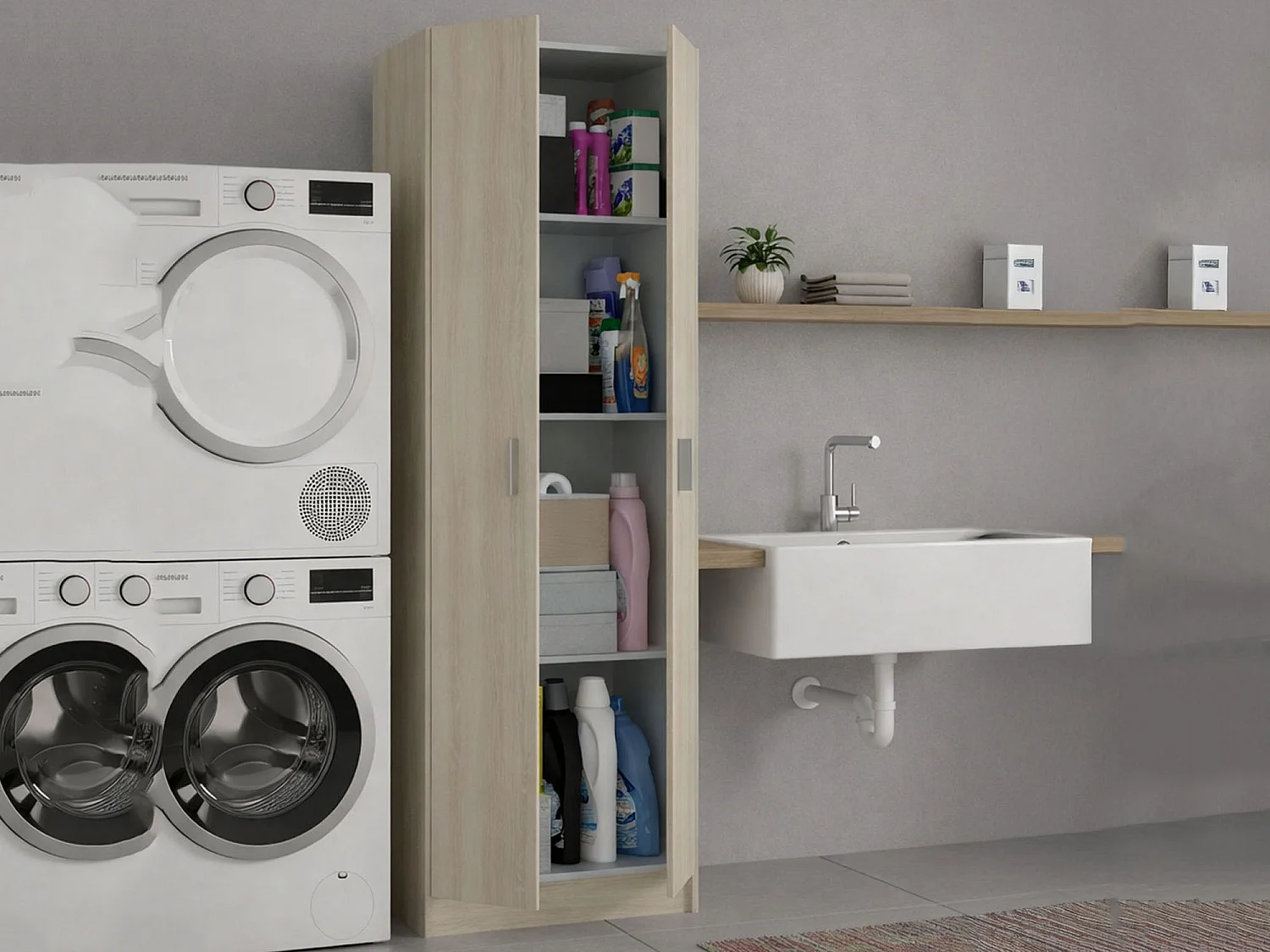 Dmarra multifunctionele kledingkast, Extra kast met 2 deuren, Schoenenrek met 3 planken, Modern hoog schoenenrek, 59x37h180 cm, Eiken