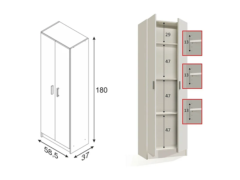 Armoire polyvalente Dmarra, Armoire auxiliaire avec 2 portes, Étagère à chaussures avec 3 étagères, Étagère à chaussures haute moderne, 59x37h180 cm, Chêne