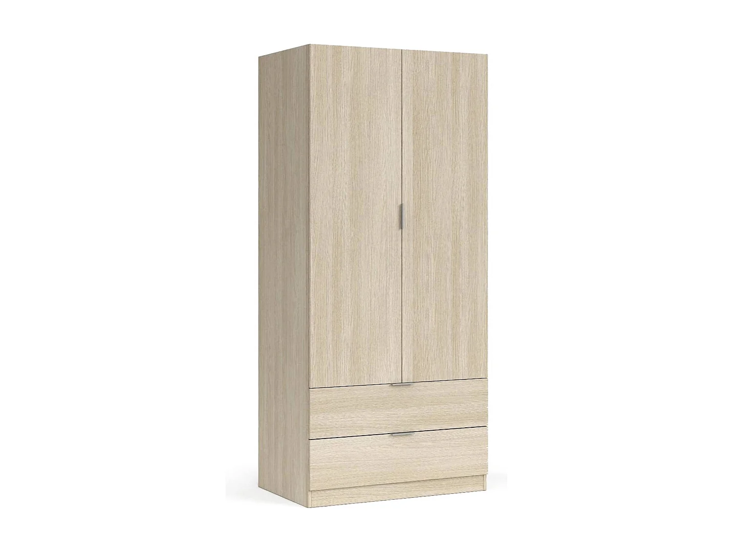 Armoire Burbank, armoire de chambre 2 portes 2 tiroirs, armoire de chambre avec barre de suspension, 81x52h180 cm, chêne