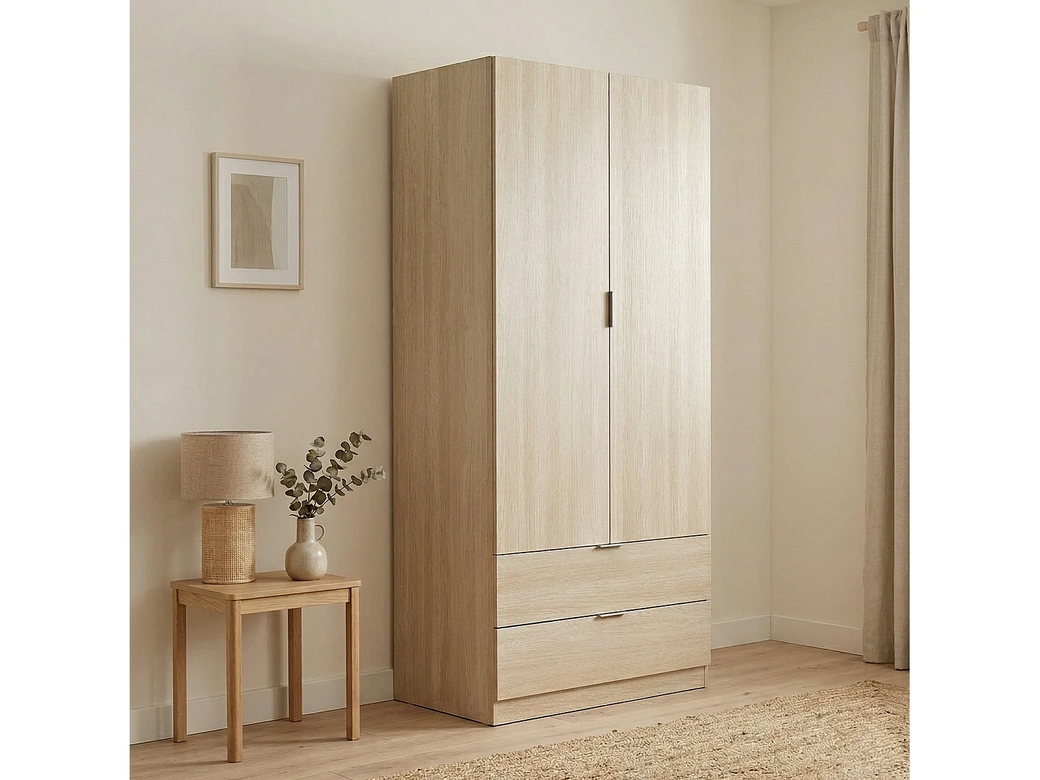 Armoire Burbank, armoire de chambre 2 portes 2 tiroirs, armoire de chambre avec barre de suspension, 81x52h180 cm, chêne