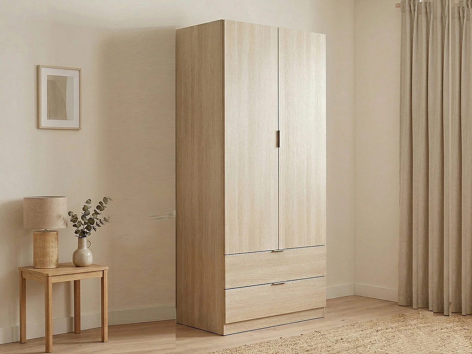 Dmora Kast 2 Deuren Burbank 52x180h cm Bruin Eik Kledinghanger 2 Laden, Slaapkamerkast Draaideur