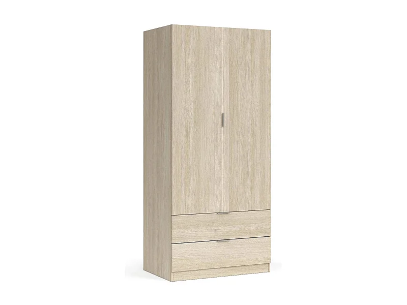 Armoire Burbank, armoire de chambre 2 portes 2 tiroirs, armoire de chambre avec barre de suspension, 81x52h180 cm, chêne