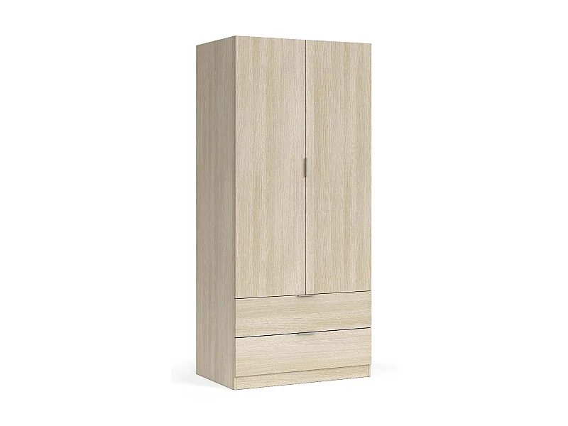 Armoire Burbank, armoire de chambre 2 portes 2 tiroirs, armoire de chambre avec barre de suspension, 81x52h180 cm, chêne