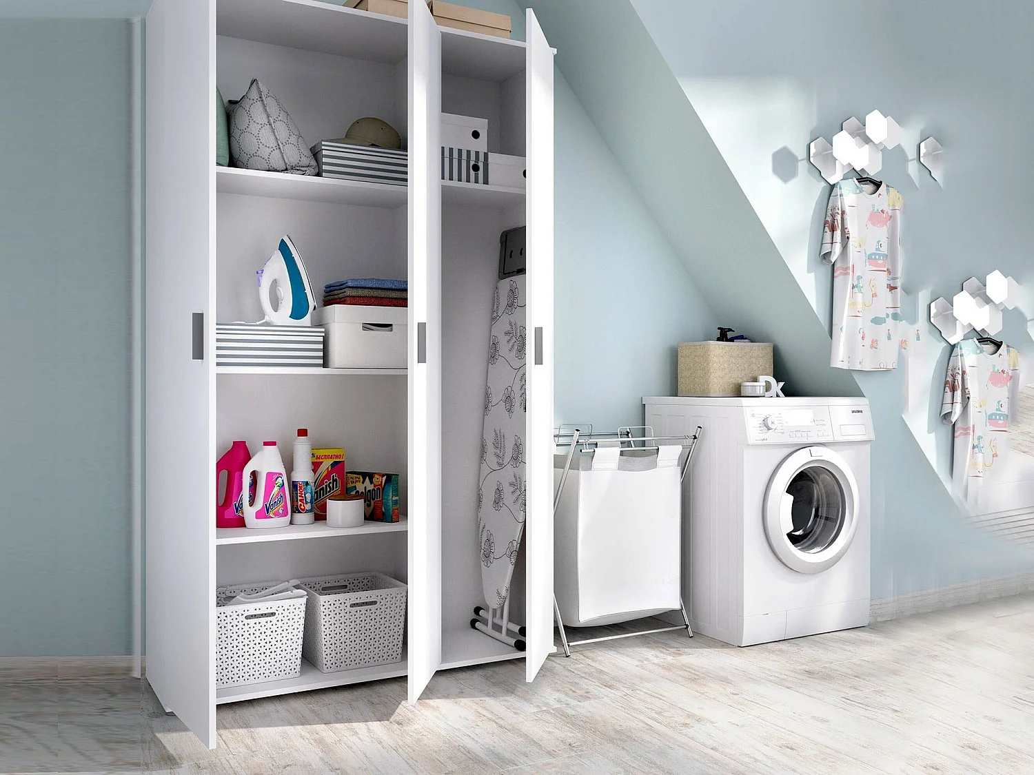 Armoire polyvalente Dmeli, Armoire porte-balai multifonctionnelle, armoire 3 portes, 116x35h190 cm, Blanc