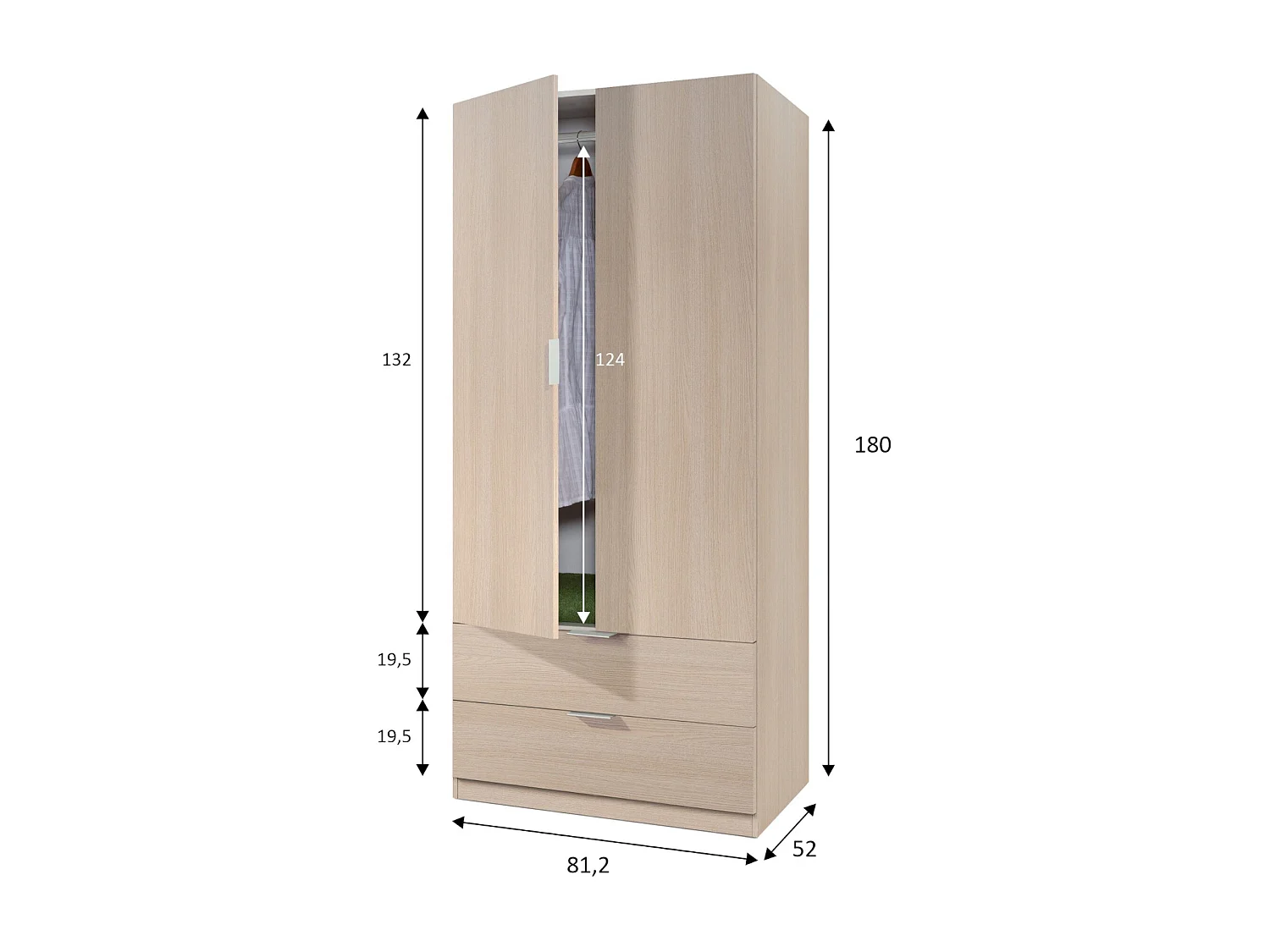 Armoire Darest, armoire de chambre 2 portes 2 tiroirs, armoire de chambre avec barre de suspension, 81x52h180 cm, chêne