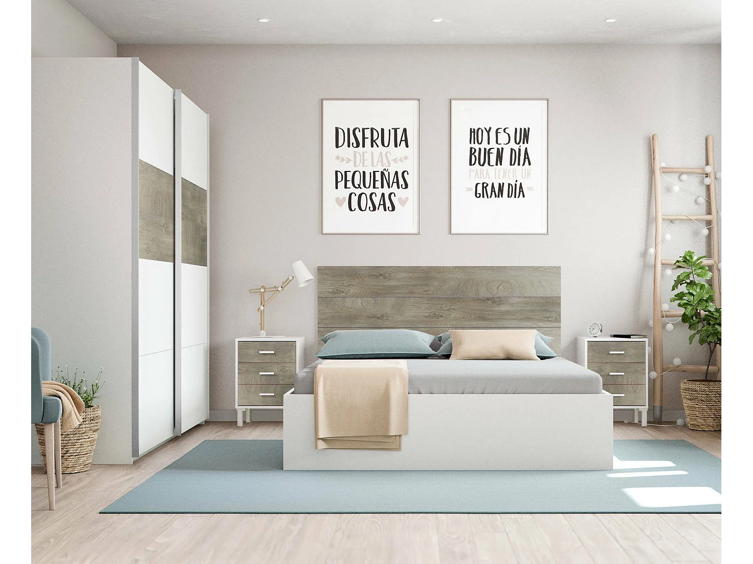 Roupeiro Dcioff, roupeiro de quarto com 2 portas de correr, armário com varão e 3 prateleiras, 180X60h200 cm, Branco e Carvalho