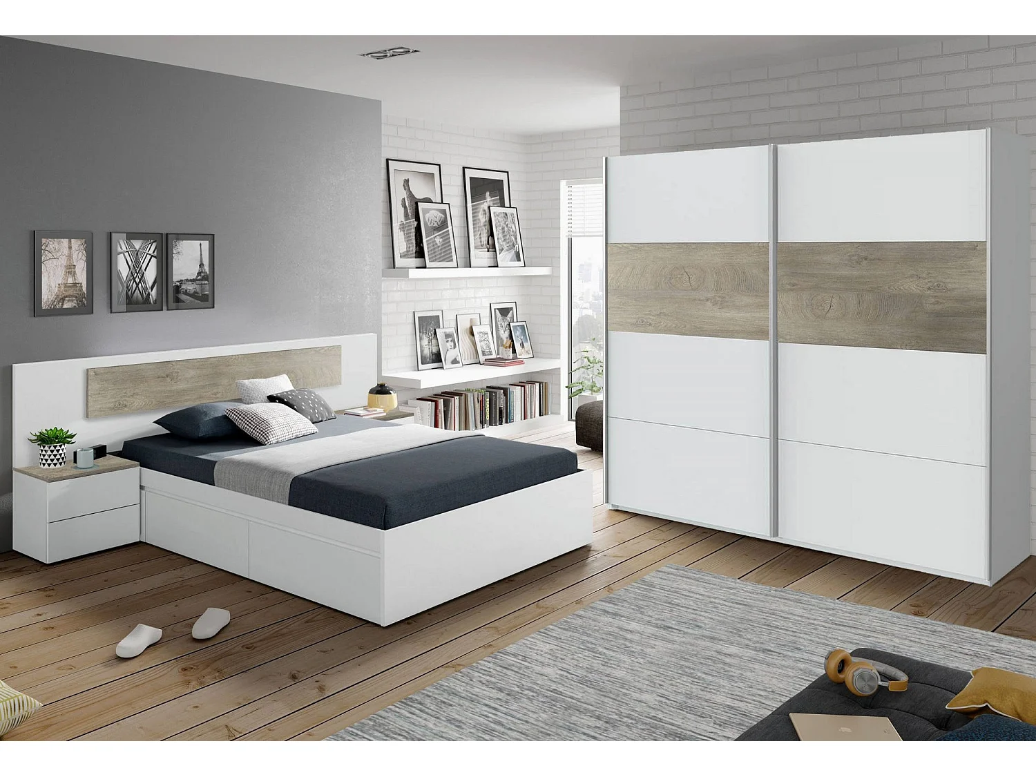 Roupeiro Dcioff, roupeiro de quarto com 2 portas de correr, armário com varão e 3 prateleiras, 180X60h200 cm, Branco e Carvalho