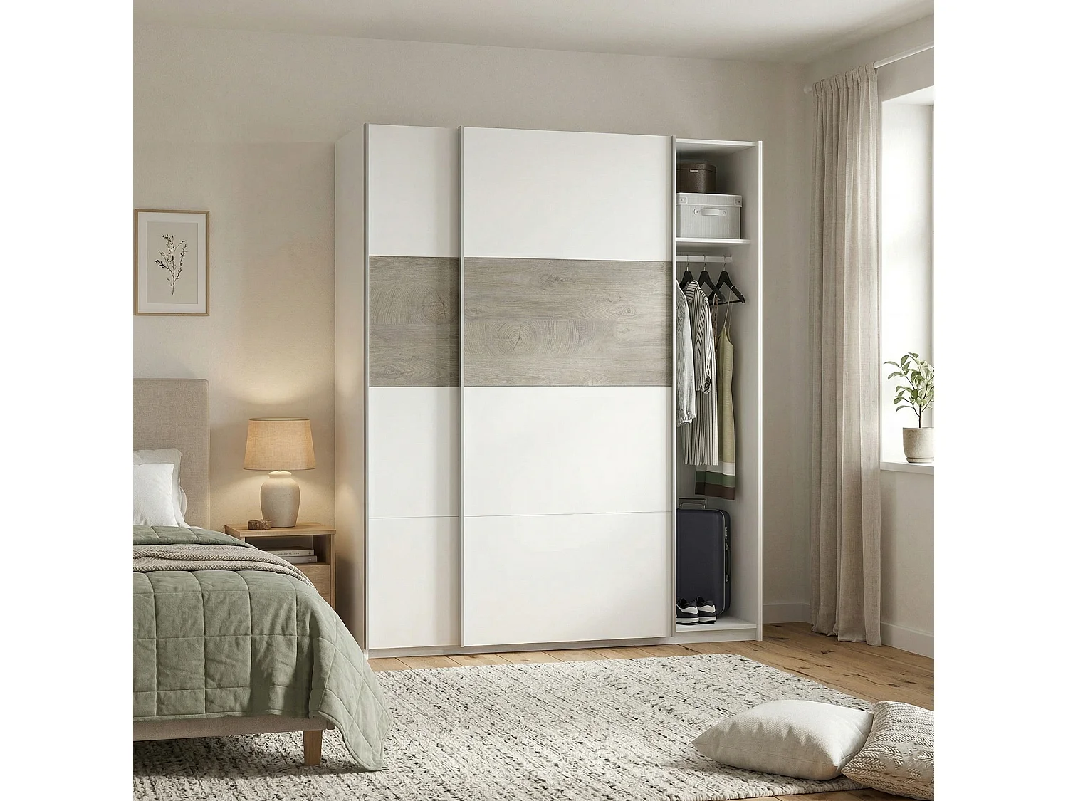 Armoire Dcioff, Armoire de chambre avec 2 portes coulissantes, Armoire avec tringle à vêtements et 3 étagères, 180X60h200 cm, Blanc et Chêne