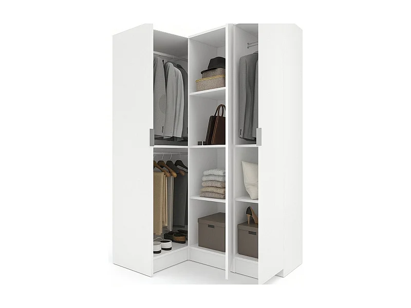 Kleiderschrank Dhuar, Eckmöbel für Schlafzimmer, Eckschrank mit 3 Flügeltüren, 133x91h184 cm, WeiÃŸ