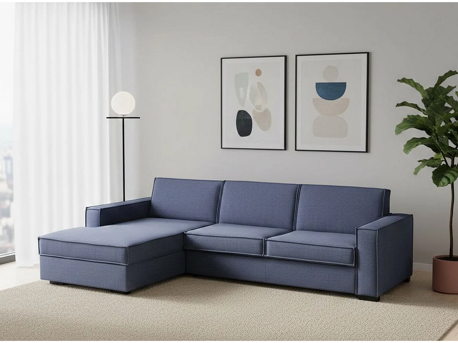 Sofá fijo Dfabbia, Sofá de esquina, 100% Made in Italy, Sofá Salón con, península de contenedores Izquierda, con reposabrazos estándar, Cm 280x95h90, Azul