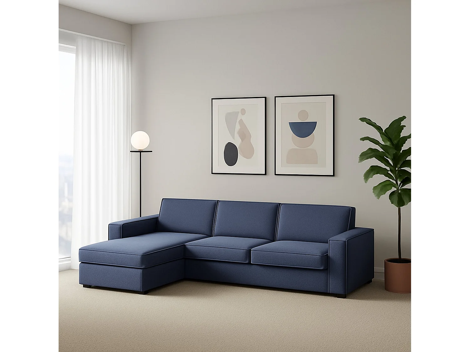 Divano Fisso con Penisola Anila, Sfoderabile Made in Italy, 95x280 cm blu
