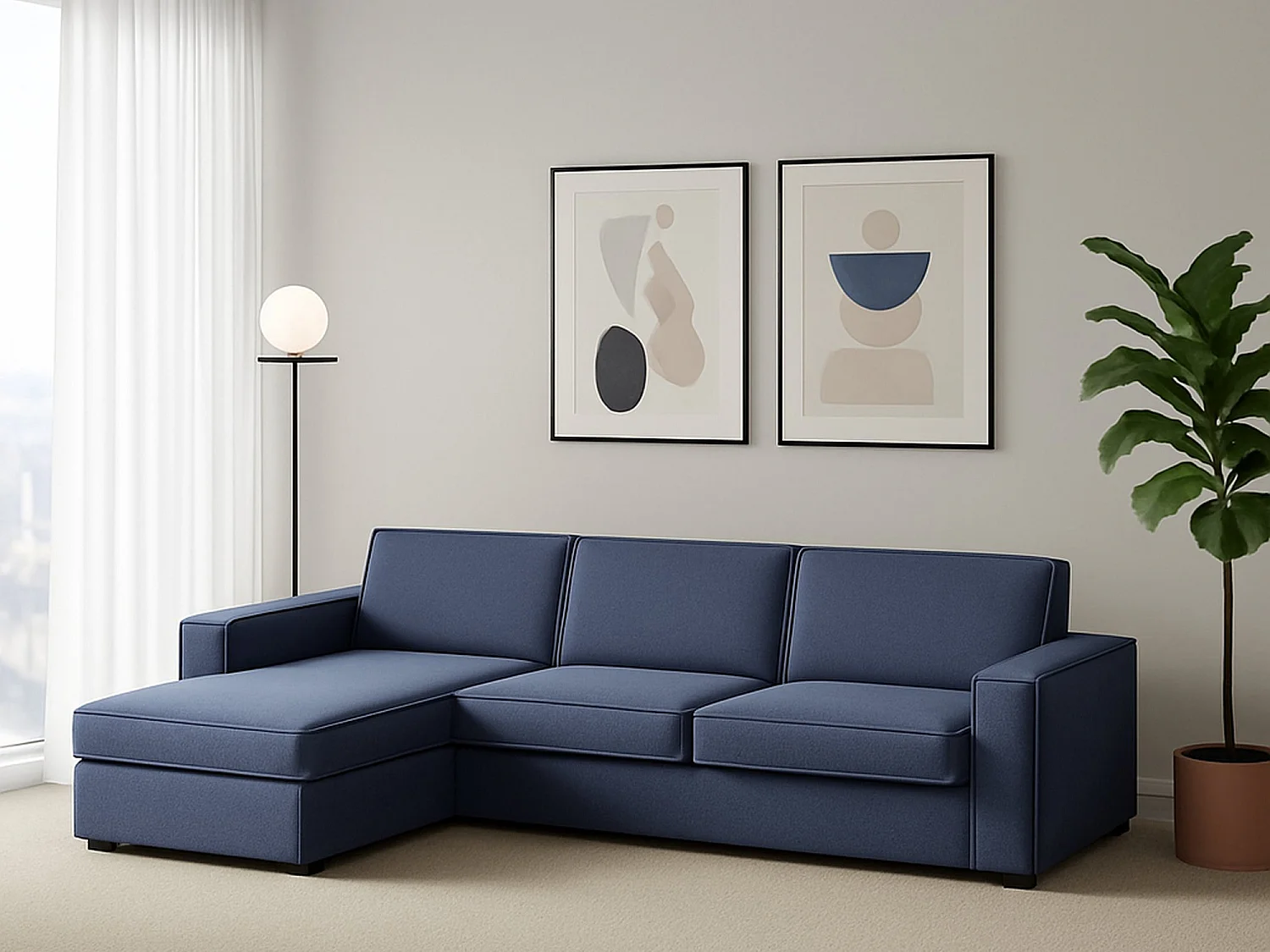 Divano Fisso con Penisola Anila, Sfoderabile Made in Italy, 95x280 cm blu