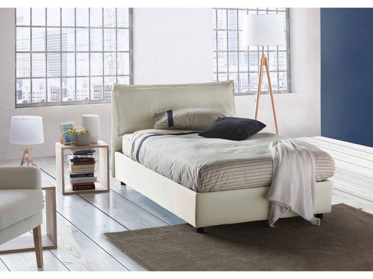 Lit double Dbegi, lit coffre avec revêtement en tissu, 100% Made in Italy, ouverture frontale, adapté pour matelas 120x200 cm, Beige