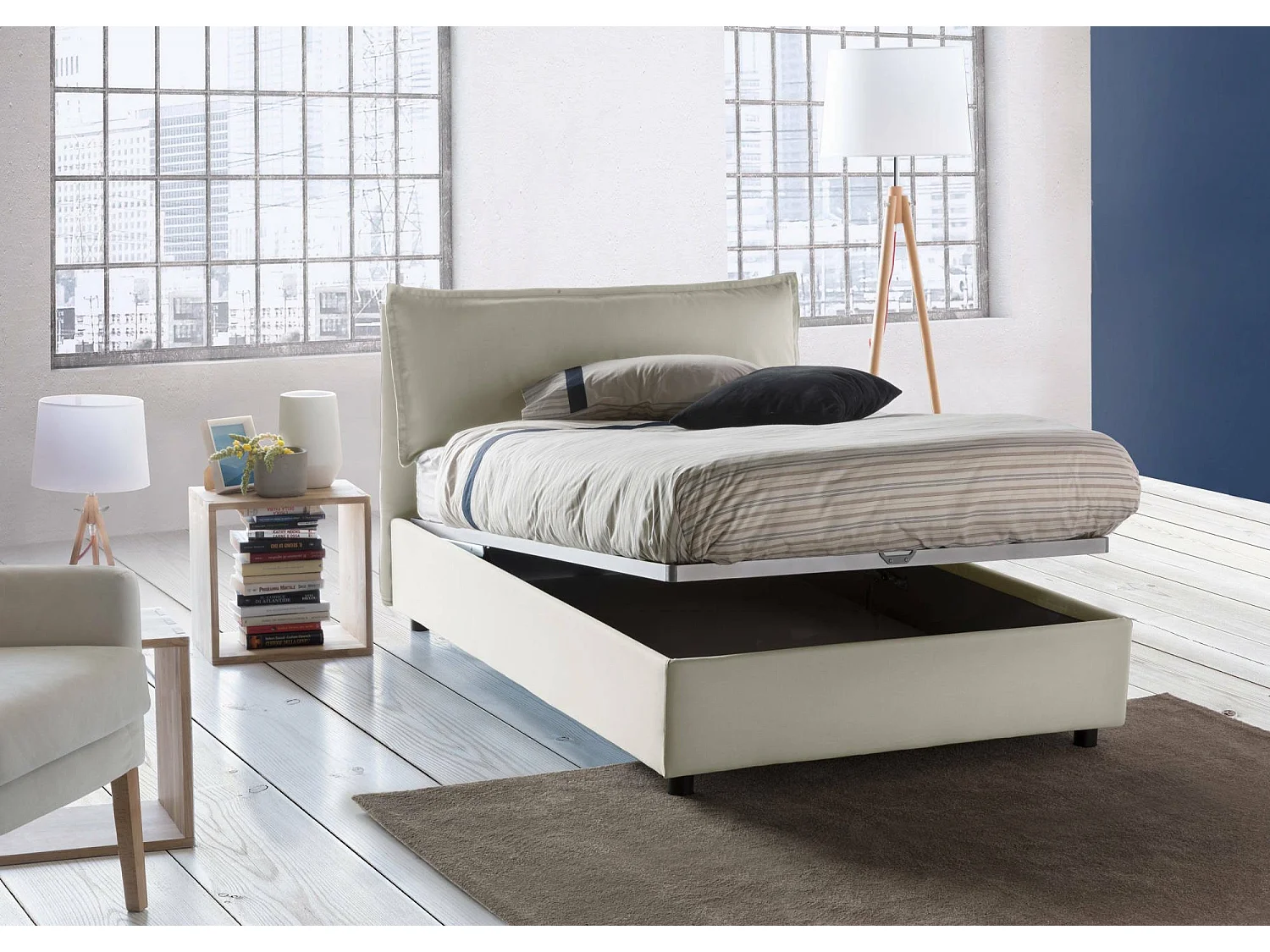 Lit double Dbegi, lit coffre avec revêtement en tissu, 100% Made in Italy, ouverture frontale, adapté pour matelas 120x200 cm, Beige