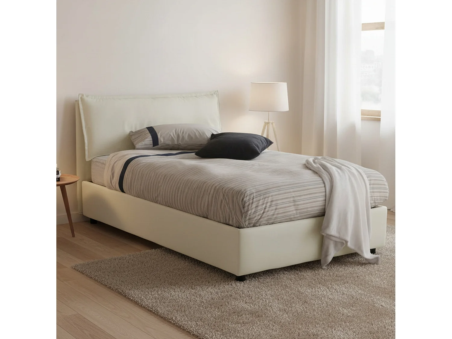 Lit double Dbegi, lit coffre avec revêtement en tissu, 100% Made in Italy, ouverture frontale, adapté pour matelas 120x200 cm, Beige