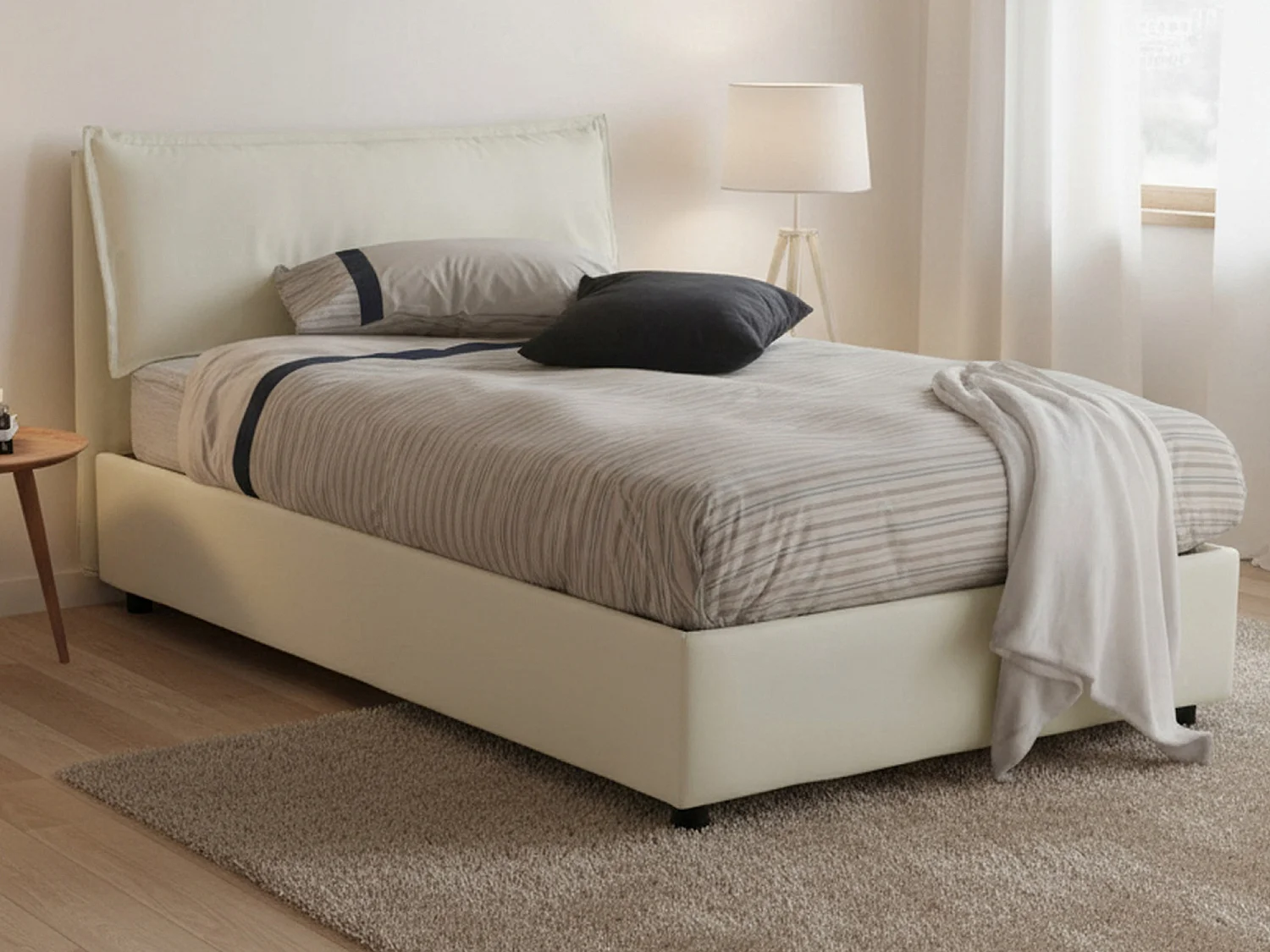 Lit double Dbegi, lit coffre avec revêtement en tissu, 100% Made in Italy, ouverture frontale, adapté pour matelas 120x200 cm, Beige