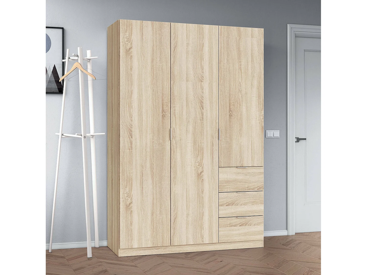 Armoire Ddermak, Armoire de chambre avec 3 portes et 3 tiroirs, Armoire avec 3 étagères et tringle à vêtements, 135x52h200 cm, Chêne