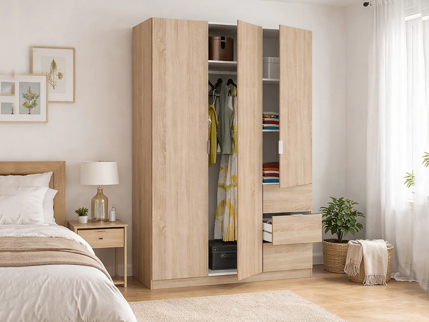 Armoire Ddermak, Armoire de chambre avec 3 portes et 3 tiroirs, Armoire avec 3 étagères et tringle à vêtements, 135x52h200 cm, Chêne