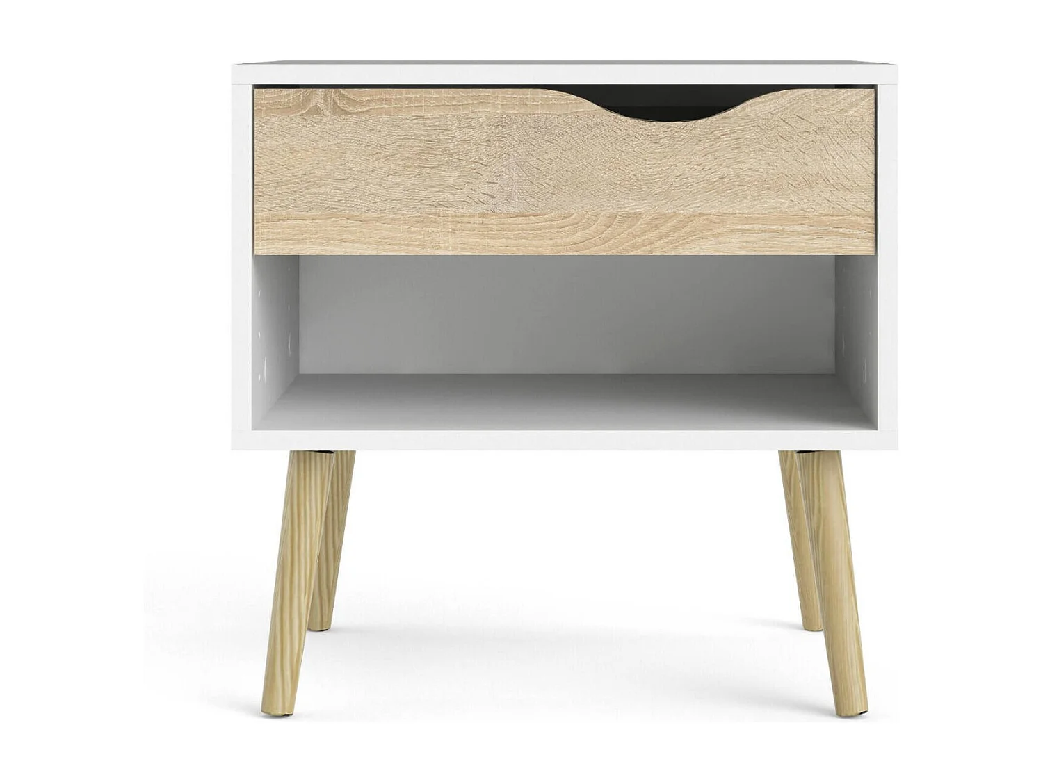 Table de chevet avec un tiroir et un compartiment de rangement, couleur blanc et chêne, Dimensions 50 x 49 x 39 cm